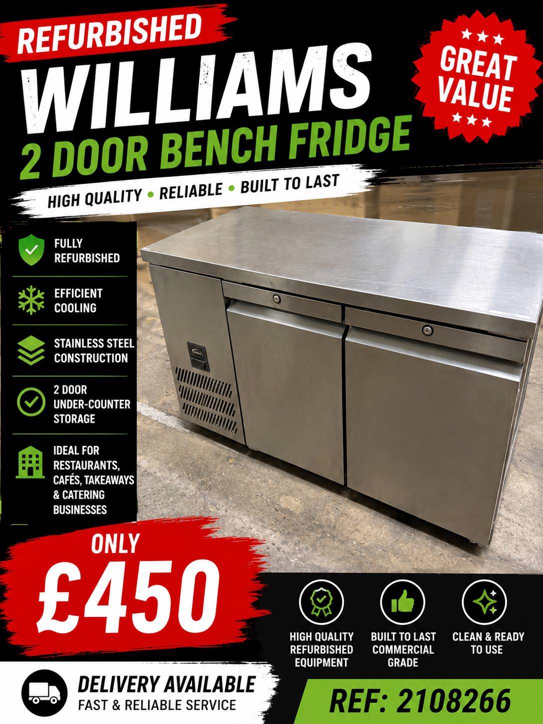 🔥 REFURBISHED WILLIAMS 2 DOOR BENCH FRIDGE 🔥