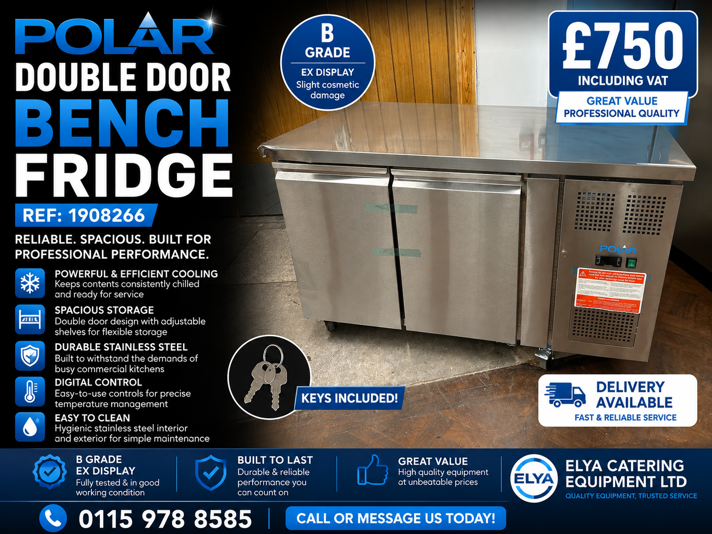 Polar U-Series Double Door Counter Fridge 282Ltr