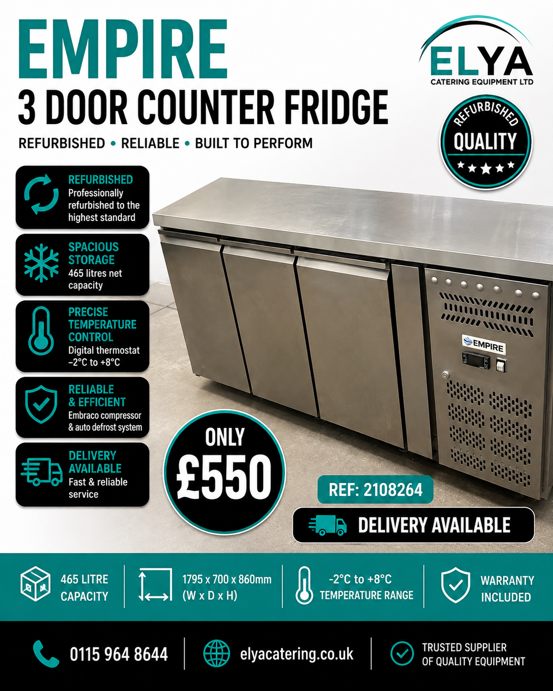 REFURBISHED Empire Stainless Steel Counter Prep Refrigerator